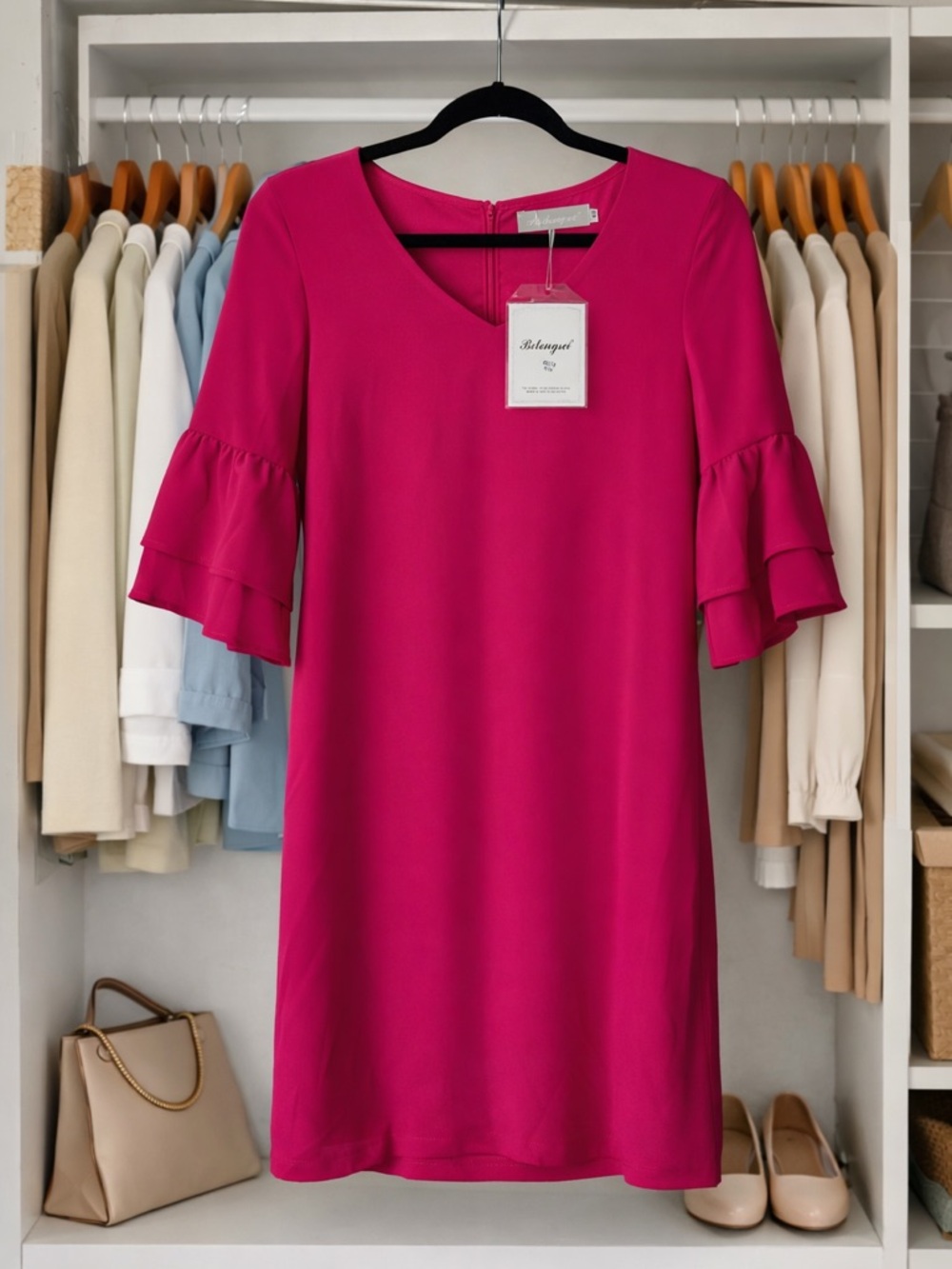 BelongSci Pink Shift Dress XS NWT Ruffle Sleeve V-Neck Mini